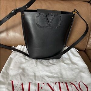 Valentino Black Leather Shoulder Bag with Logo Detail